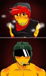 2boys artist_request blush gay heavy_breathing humanized jetrock_(the_battle_bricks) male_only naked_male paintmaster_(the_battle_bricks) red_eyes red_hair roblox roblox_game robloxian source_request sweat tagme the_battle_bricks yaoi yellow_body