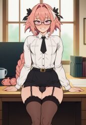 1boy ai_assisted ai_generated anime astolfo_(fate) fate/grand_order fate_(series) femboy femenine_male glasses light-skinned_male male male_only office penis pink_hair prussia123 secretary_outfit sexy_body solo