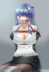 arms_behind_back big_breasts black_skirt blouse blue_eyes bondage bound bound_arms bound_legs bt_(artist) business_suit business_woman dress_shirt female gag gagged kidnapped miniskirt office office_lady pencil_skirt purple_hair restrained rope rope_bondage skirt skirt_suit solo suit tape tape_gag taped_mouth tears tied tied_up white_blouse white_shirt