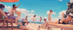 1boy 3d 6+girls 9girls absurdres aged_down alternate_costume alternate_version_available ana_amari ashe_(overwatch) asian ass back_muscles beach big_breasts bikini blender blonde bob_(overwatch) bra breasts brigitte captain_amari cleavage cote_d'azur_widowmaker d.va dark-skinned_female dark_skin egyptian egyptian_female female highres indian indian_female large_breasts latina lifeguard_tracer mercy multiple_boys multiple_girls one-piece_swimsuit overwatch pharah robot sombra swimsuit tattoo thong time_paradox topless tracer twitter widowmaker yeero