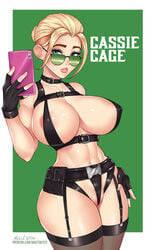 1girls 2d ange1witch artist_name aviator_sunglasses big_breasts blonde_hair bra breasts cassie_cage clothing female female_only green-tinted_eyewear hair large_breasts looking_over_eyewear looking_over_glasses mortal_kombat panties signature smartphone solo sunglasses text tinted_eyewear video_games watermark