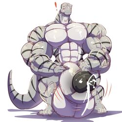 1:1 anthro balls big_balls big_penis blush bobert bodily_fluids cum dinosaur ejaculation erection genital_fluids genitals hi_res huge_balls huge_cock hyper hyper_balls hyper_genitalia hyper_penis male male_only muscular nude penis reptile scalie simple_background white_background white_body white_skin