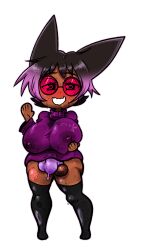dark_skin futa_only futanari huge_breasts nervous_smile oc original_character penis_bulge precum shortstack sweaty_body zenkitsune_(artist)