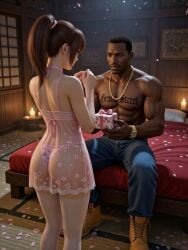3d ai_generated asian_female ass bed birthday black_male candle carl_johnson couple crossover dark-skinned_male dead_or_alive dojo eastern_and_western_character flower_petals gangster gift gift_box giving_gift gold_jewelry grand_theft_auto grand_theft_auto:_san_andreas interracial jewelry kasumi_(doa) kunoichi light-skinned_female lingerie night nightgown ninja panties pink_lingerie ponytail present romantic romantic_couple see-through_clothing shy sitting_on_bed stockings tattoo tattoo_on_chest thong wowzerspowzers