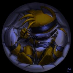 arms_tied blindfold bondage bound canid canine container_bondage feet fox fur gag hands_tied hi_res legs_tied male mammal orange_body orange_fur padded_room radasus sega sensory_deprivation solo sonic_(series) sonic_the_hedgehog_(series) tail tail_tied tails tails_the_fox