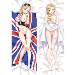 1girls azur_lane bed_sheet blue_eyes blush bottomless breasts bridal_veil brown_hair chin_rest dress ear_piercing earrings erspace female_only hood_(azur_lane) hood_(sunlit_lady)_(azur_lane) large_breasts long_hair piercing pussy sunglasses sunglasses_on_head thighhighs union_jack vagina veil wedding_dress wedding_veil