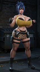 ai_generated alley bimbo bimbofication bra choker cleavage female_only fingerless_gloves fishnet_stockings high_heel_boots huge_breasts king_of_fighters lace-trimmed_bra lace_trim leona_heidern leopard_print lingerie logan_d makeup miniskirt see-through see-through_clothing solo_female tank_top thick_lips thigh_strap tight_clothing whale_tail
