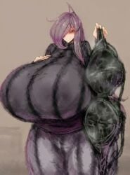 2b213 ai_generated animated animated_image big_breasts blue_hair blush bra breastmilk breasts breasts_bigger_than_head dangling edited_art gigantic_breasts holding_bra huge_breasts large_breasts looking_at_viewer mei's_mother_(2b213) presenting_bra ribbed_sweater smile sn7314 steamy tagme video