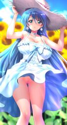 :o ass_visible_through_thighs blue_eyes blue_hair blush breasts cameltoe censored choker commentary_request dress earrings empire_waist feet_out_of_frame female field flower flower_field frilled_dress frills hand_on_headwear hat highres holding_down_headwear huge_breasts jewelry kamogawa_tanuki long_hair looking_at_viewer medium_dress mosaic_censoring no_panties open_mouth original outdoors paid_reward_available ribbon_choker sleeveless sleeveless_dress solo sphere_earrings straw_hat sun_hat sundress sunflower sunflower_field sunlight upskirt very_long_hair white_choker white_dress wispy_bangs