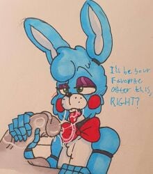animatronic anthro balls big_balls big_penis blush bodily_fluids bow_tie buckteeth curly_hair dialogue duo eyebrows eyeshadow faceless_character five_nights_at_freddy's five_nights_at_freddy's_2 genitals hair hand_on_penis hi_res human justsomeidiotonline lagomorph leporid machine makeup male male/male mammal open_mouth penis penis_grab rabbit raised_eyebrow robot saliva saliva_on_penis saliva_on_tongue saliva_string scottgames teeth text tongue tongue_out toy_bonnie_(fnaf)