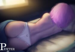 1girls 2023 artist_name ass back back_view blanket doki_doki_literature_club female natsuki_(doki_doki_literature_club) panties pewter-boi pillow pink_hair sleeping sunlight year