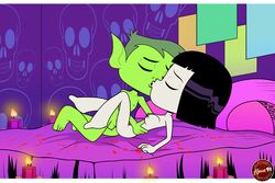 1boy 1boy1girl 1girls aleuz91 ambiguous_penetration beast_boy bed bedroom black_hair breasts candles canon_couple cartoon_network completely_nude completely_nude_female dc dc_comics demon_girl female female/male female_penetrated flower_petals garfield_logan green_hair green_skin grey_skin kissing male medium_breasts metahuman nude nude_female nudity pale-skinned_female pale_skin petals pointy_ears rachel_roth raven_(dc) romantic romantic_sex short_hair spiked_hair superhero superheroine teen_titans teen_titans_go