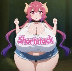 ai_generated clothes_writing huge_breasts hyper_breasts ilulu_(dragon_maid) ilulu_(maidragon) looking_at_viewer micro_shorts miss_kobayashi's_dragon_maid pink_eyes pink_hair shorts shortstack tank_top text_on_clothing thick_hips thick_thighs twintails