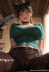 ai_generated animal_ears bangs belt black_hair blush breasts brown_eyes cat_ears ceiling_light choker collarbone female female_only finger_on_trigger from_below gun handgun heart holding holding_gun holding_weapon indoors kermixx lara_croft large_breasts long_hair looking_at_viewer mole mole_under_eye navel open_mouth pants pov red_eyes shiny_clothes shirt short_sleeves sitting smile solo solo_focus spread_legs sweat teeth tomb_raider weapon