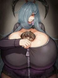 1boy 1girl 2b213 ai_assisted ai_generated animated animated_image big_breasts blue_hair blush breast_smother breasts breasts_bigger_than_head breasts_smothering clothing_entrapment edited_art female gigantic_breasts huge_breasts large_breasts mei's_mother_(2b213) ribbed_sweater shared_clothes smile sn7314 steamy sweaty tagme video zipper zipper_pull_tab zipping