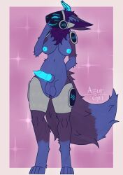 >:3 animal_genitalia animal_penis anthro azurgyn balls bodily_fluids breasts canine_genitalia canine_penis curvy_figure digital_drawing_(artwork) digital_media_(artwork) digitigrade ears_down erection finger_on_face fluffy fluffy_tail fur genital_fluids genitals glowing glowing_genitalia glowing_horn glowing_nipples glowing_penis gynomorph hand_behind_back hand_on_face hi_res horn intersex knot knotted_penis machine nipples penis pivoted_ears precum protogen protogen_armor protogen_visor purple_body purple_fur signature simple_background solo tail