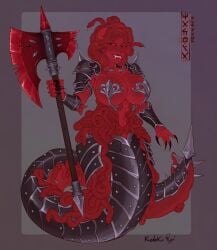 anacondrai axe big_breasts bra half-naked hands_of_time_(ninjago) kodoku-roxi lego machia_(ninjago) ninjago red_eyes red_skin snake snake_tail snakes suggestive_look tail vermillion