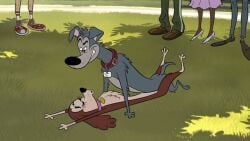 1boy 1girls anthro looking feral on canid canine canis collar dog tags dogs domestic duo focus female that looks like furry male only human style humanstyle laying back ground male/female missionary position offscreen orgasm face public sex in tag unseen character watching animated animated_gif