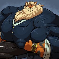 1:1 1boy anthro anthrofied arcanine bara big_muscles big_penis bobert bottomwear business_suit clock clothed clothing erection flexing furry genitals hi_res huge_muscles huge_penis hyper hyper_genitalia hyper_muscles hyper_penis looking_at_viewer male male_only moobs muscles muscular nintendo original_character pants penis pokemon pokemon_(species) pokemon_rgby smile suit vein veiny_penis video_games watch what wristwatch yaoi