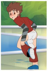 2025 ass biting_lip biting_lower_lip biting_own_lip blush blushing_male brown_eyes brown_hair bulge clothing_pull commission first_porn_of_character flat_colors human human_only looking_back male_ass male_focus male_only male_underwear mostly_clothed outside pants pool poolside shirt shoes smile smiling solo solo_focus solo_male standing standing_on_one_leg striped_sleeves stripping swimming_pool underpants underwear white_underwear yobarete_tobidete!_akubi-chan yoshia_iine yuunsfw