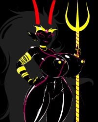 big_breasts gold_jewelry homestuck horns latex_gloves nails nipple_piercing orange_horn pussy reiduran skin_tight the_condesce thick_thighs trident troll wide_hips