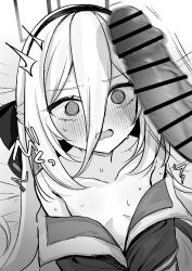 @_@ bar_censor blue_archive blush bow breasts censored commentary_request erection furrowed_brow hair_between_eyes hairband hairbow halo highres jacket kei_(blue_archive) long_hair looking_at_penis miyai_(myai04) monochrome naked_jacket penis penis_awe small_breasts sweat veins veiny_penis wavy_mouth