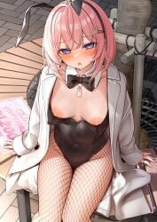1girl absurdres animal_ears black_bow black_bowtie black_hairband black_leotard blue_eyes blush bow bowtie breasts coat covered_navel detached_collar fake_animal_ears fishnet_pantyhose fishnets hair_ornament hairband hairclip highres koakuma-chan_(monaka_curl) large_breasts leotard long_hair long_sleeves looking_at_viewer medium_breasts monaka_curl nipples open_clothes open_coat original paid_reward_available pantyhose pink_hair playboy_bunny rabbit_ears sitting solo thighs white_coat