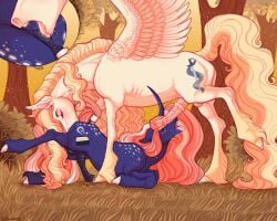 accessory anal animal_genitalia animal_penis anus balls bent_legs blonde_hair blue_body blush bodily_fluids curved_horn cutie_mark dapple darkened_genitalia dominant dominant_male dripping duo ear_tuft equid equine equine_genitalia equine_penis erection femboy feral fetlocks floppy_ears forest forest_background genital_fluids genitals grass hair hair_accessory hasbro horn horse horseshoe larger_male leaf licking long_hair male male/male mammal multicolored_hair my_little_pony mythological_creature mythological_equine mythology nature nature_background open_mouth oral outside_sex pegasus penis pink_genitals plant precum precum_drip raised_leg raised_tail rimming saliva satin_sabre_(snowberry) sex size_difference smaller_male snowberry sparkles spread_wings submissive submissive_male tail teeth tongue tree tuft two_tone_hair unicorn white_body wings