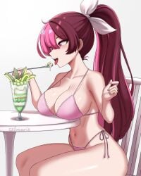 bikini breast_rest breasts brown_eyes brown_hair chair cleavage collarbone commentary cream_on_breasts cslucaris cup curvy eating english_commentary female food grey_background hair_ribbon heterochromia high_ponytail highres holding holding_spoon large_breasts long_hair multicolored_hair navel neo_(rwby) neopolitan_(rwby) open_mouth parfait pink_bikini pink_eyes pink_hair pink_nails ponytail ribbon rwby simple_background sitting solo spoon stomach strap_gap swimsuit table thighs tongue tongue_out two-tone_hair very_long_hair white_ribbon