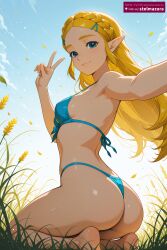 ai_assisted ai_generated armpits ass bangs bare_shoulders barefoot bikini blonde_hair blue_bikini blue_eyes blue_sky blush braid breasts closed_mouth cloud crown_braid day female female_only grass hair_ornament hairclip lips long_hair looking_at_viewer looking_back medium_breasts outdoors outstretched_arm pointy_ears princess_zelda reaching_towards_viewer selfie sideboob sitting sky smile solo stelmazura swimsuit the_legend_of_zelda thong thong_bikini v zelda_(breath_of_the_wild) zelda_(tears_of_the_kingdom)