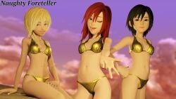 3d 3girls black_hair blender blonde_hair blue_eyes clothed disney female female_only gold_bikini golden_week kairi kingdom_hearts namine naughty_foreteller red_hair square_enix xion