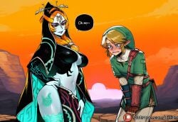 1boy age_difference ai_generated blonde_hair blue_eyes blue_skin blush breasts colored_sclera colored_skin earrings english_text female fingerless_gloves front_ponytail gloves hand_on_hip hat height_difference hood jewelry large_breasts legend_of_queen_opala link link_(twilight_princess) long_hair midna midna_(true_form) multicolored_skin navel orange_hair patreon_username pelvic_curtain pointy_ears red_eyes smile speech_bubble straight tillian twili_midna twilight_princess two-tone_skin watermark web_address yellow_sclera