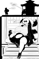 animal_ears black_and_white bulge comic futanari huge_balls huge_penis huge_testicles humanoid monochrome samurai speech_bubble tanuki text zdemian