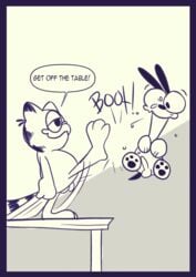 anthro blue_border bodily_fluids border canid canine canis comic cum cum_on_face domestic_dog english_text garfield_(series) garfield_the_cat genital_fluids genitals hi_res humanoid_genitalia humanoid_penis kick male mammal odie penis sunnyhoneybone text