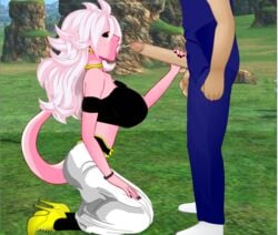 1boy 1girls 2010s android_21 balls big_breasts black_nails black_sclera boots breasts clothed collar cum cumming dark_persona dragon_ball dragon_ball_fighterz earrings erection female hand_on_penis handjob high_heel_boots high_heels humanoid long_hair majin majin_android_21 male pants penis pink_skin pointy_ears red_eyes roro73290 super_deepthroat_game tail unseen_male_face white_hair