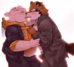 2020 anthro belly blush bottomwear brown_body brown_fur bulge canid canine clothing duo erection erection_under_clothing fur hi_res hoodie humanoid_hands kissing male male/male mammal nikiciy overweight overweight_male pants polar_bear raccoon_dog ryokuichi_(nikiciy) shirou_(nikiciy) shirt tanuki topwear ursid ursine white_body white_fur