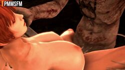 1boy 1girls 3d animated big_breasts brown_eyes dead_or_alive finger_in_mouth huge_balls huge_breasts huge_cock kasumi_(doa) leg_grab moaning monster neck_grab pmmsfm red_hair sound touching_face vaginal_penetration video