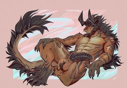 1boy 2020 abs anthro ass ball_tuft barbed_penis big_penis black_penis bodily_fluids claws digital_media_(artwork) dragon erection facial_hair facial_piercing feet fur furred_dragon furry genital_fluids hair half-closed_eyes hi_res horn knot looking_down male male_only markings muscular muscular_male no_nipples nose_piercing nose_ring nude original_character penis piercing precum precum_drip scalie scar simple_background smile solo spikes tail testicles thick_thighs toes tuft wide_hips xenoguardian