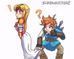 a_link_between_worlds animated ass assisted_exposure blonde_hair blush breath_of_the_wild embarrassed exposed_ass female hammerspace huge_ass hylian ichduhernz impossible_clothes lifted_by_another link link_(breath_of_the_wild) long_hair male meme nintendo pale_skin pointy_ears princess_zelda skirt_lift super_smash_bros. the_legend_of_zelda thick_thighs weapon zelda_(a_link_between_worlds)