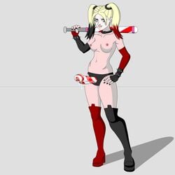 1girls baseball_bat batman_(series) blonde blonde_hair breasts d-rock_(artist) dc female female_focus female_only harley_quinn nipples strapon topless topless_female twintails