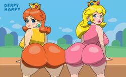 2girls alternate_breast_size animated ass ass_focus ass_to_ass big_ass big_breasts bike_shorts blonde_hair bouncing_ass brown_hair bubble_butt bumping_asses cameltoe crown derpyharpy earrings female female_only huge_ass huge_breasts large_breasts long_hair looking_back mario_(series) mario_tennis multiple_girls nintendo orange_shorts outdoors pink_shorts princess_daisy princess_peach royalty short_hair standing