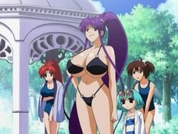 1boy animated bouncing_breasts chiharu_shinonome cleavage eiken g-string gigantic_breasts hair_ornament huge_breasts j.c._staff kirika_misono long_hair mifune_kensuke multiple_girls outdoor purple_hair smiling sound thong thong_bikini video