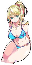 1girls bikini blonde_hair breasts busty cleavage enpe female green_eyes large_breasts long_hair looking_at_viewer metroid mole_under_mouth navel nintendo ponytail samus_aran smile smiling solo swimsuit tagme thick_thighs thighs