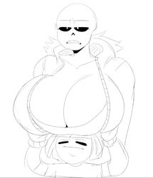 anthro determination detnox frisk genderswap genderswap_(mtf) holding_breasts hoodie rule_63 sans sketch tagme undertale