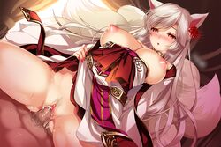 1girls animal_ears blush breasts clothed_sex clothing cowgirl_position cum cum_in_pussy cum_inside female flower_knight_girl fox_ears fox_girl fox_tail game_cg higanbana_(flower_knight_girl) long_hair male moneti_(daifuku) multiple_tails nipples open_mouth penetration penis photoshop pussy sex spread_legs tail uncensored vaginal_penetration waifu2x white_hair