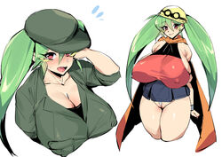 1girls apocrypha_getter_robo_darkness armband armpits big_breasts blush cape cleavage cute female_only getter_robo goggles green_hair hat helmet long_hair looking_at_viewer musashi_(getter_robo_darkness) nipple_bulge panties red_eyes shirt skirt solo sweat thick_thighs thirty_8ght twintails uniform upskirt white_background wide_hips