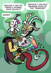 bondage bound clown_makeup discord_(mlp) english_text female friendship_is_magic hi_res jester male my_little_pony nipple_piercing nipples piercing stimulation straight straight_hair text toonbat what zecora_(mlp)