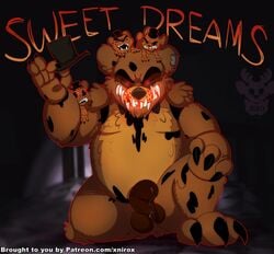 animatronic anthro balls bodily_fluids claws conditional_dnp english_text five_nights_at_freddy's five_nights_at_freddy's_4 freddles freddy_(fnaf) genital_fluids genitals group machine male male_only mammal nightmare_freddy penis precum robot sharp_teeth teeth text thick_penis url ursid video_games xnirox