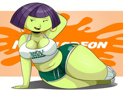 1girls 2020 alternate_body_type alternate_breast_size beady_eyes belly_button big_breasts booty_shorts bottom_heavy bowl_cut breasts chubby cleavage clothed colored connie_benge curvy disney doug earrings female female_only green_skin hair hand_behind_head hand_on_floor hi_res logo lying_on_side midriff mob_face nickelodeon no_sclera parody posing product_placement purple_hair seductive short_hair shorts smile socks solo sonson-sensei tank_top thick_thighs tight_clothing tongue voluptuous wide_hips