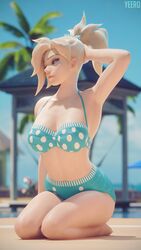 1girls 3d 3d_(artwork) alternate_costume angela_ziegler armpits beach bikini blizzard_entertainment blonde_hair female female_focus female_only light-skinned_female mercy on_knees overwatch polka_dot polka_dot_panties solo solo_female solo_focus yeero